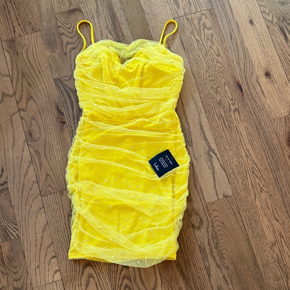 Yellow Ruched Dress with Spaghetti Straps